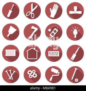 Vector set of repair concept icons. Flat images of tools. Badges in the red circle Stock Vector