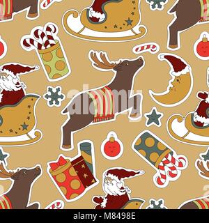 Christmas beige seamless pattern background. Santa Claus, reindeer, gifts and sweets vector illustration. Stock Vector