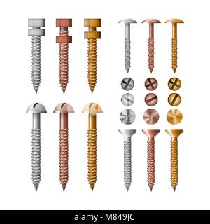 Set screws stainless steel, copper and bronze. The collection fastener symbol vector illustration. Stock Vector
