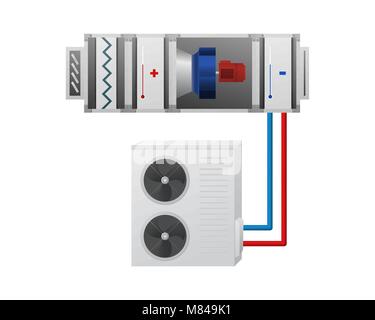 Air handling unit with heating, cooling unit, recuperator and chiller vector illustration. HVAC industry. Stock Vector