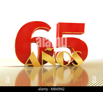 Golden number sixty five (number 65) and the word 'years' against the backdrop of the prospect of gold lines. Translated from the Spanish - years. 3D  Stock Photo