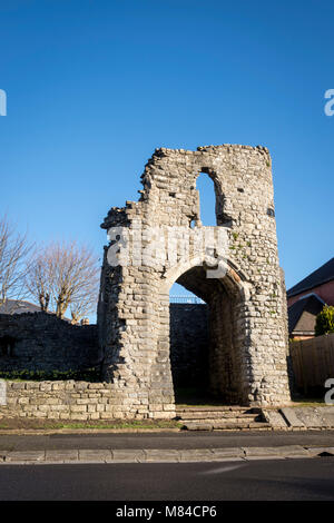 Gatehouse of medieval Barry castle ruin lit by early morning sunshine under a clear blue sky Stock Photo