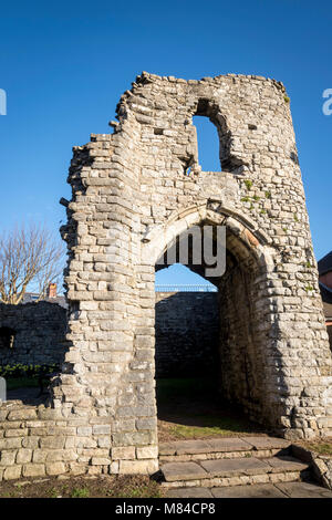 Gatehouse of medieval Barry castle ruin lit by early morning sunshine under a clear blue sky Stock Photo