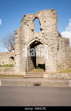 Gatehouse of medieval Barry castle ruin lit by early morning sunshine under a clear blue sky Stock Photo