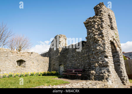 Gatehouse of Barry castle ruin lit by early morning sunshine under a clear blue sky Stock Photo