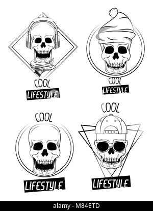 Cool skulls prints for tshirt collection on black and white vector illustration graphic design Stock Vector