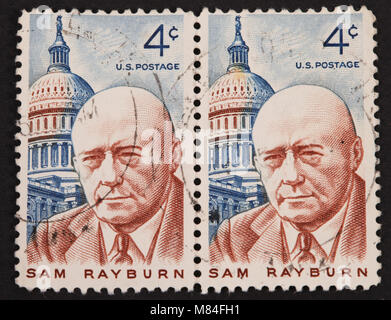 UNITED STATES - CIRCA 1962: Double stamp printed by United states, shows Sam Rayburn, lawmaker and Democratic speaker of the US House of representativ Stock Photo