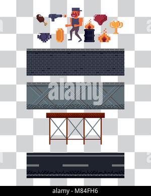 Pixelated character and elements for videogame scenery Stock Vector