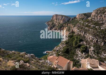 Cap d'Or tower and cliffs, Moraira,Costa Blanca, Alicante province, Spain, Europe Stock Photo