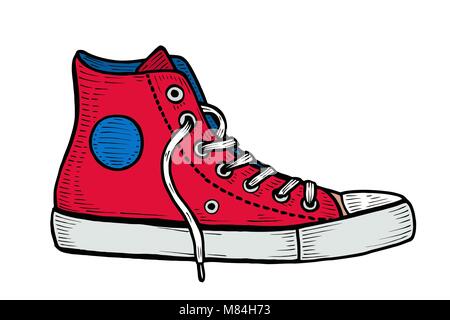 Fashion illustration with red and blue sneakers and ink spots. Hand drawn vector illustration Stock Vector
