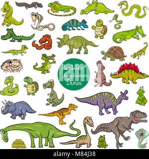 Cartoon Illustration of Reptiles and Amphibians Animal Characters Big Set Stock Vector
