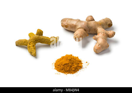 Fresh, dried and powder turmeric isolated on white background Stock Photo