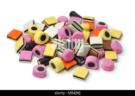 Heap of colorful Liquorice allsorts  isolated on white background Stock Photo
