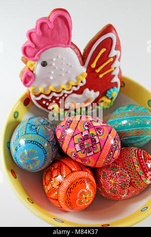 Czech easter eggs and traditional gingerbread on a plate. Easter decoration. Stock Photo