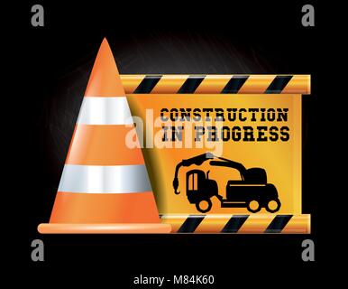 Construction progress design with warning cone and construction truck icon over black background, colorful design vector illustration Stock Vector