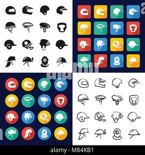Helmet All in One Icons Black & White Color Flat Design Freehand Set Stock Vector