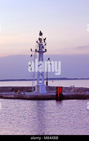 Little lighthouse with seagulls in the evening, Odessa, Ukraine Stock Photo