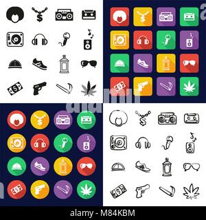 Hip Hop All in One Icons Black & White Color Flat Design Freehand Set Stock Vector