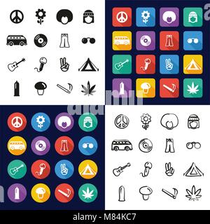 Hippie All in One Icons Black & White Color Flat Design Freehand Set Stock Vector