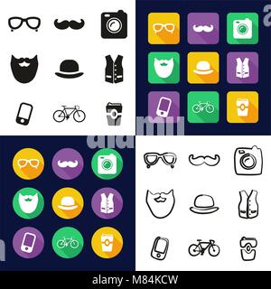 Hipster All in One Icons Black & White Color Flat Design Freehand Set Stock Vector