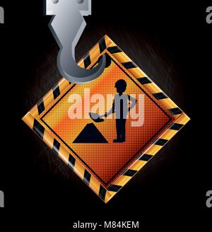 Warning sign with builder icon over black background, colorful design vector illustration Stock Vector