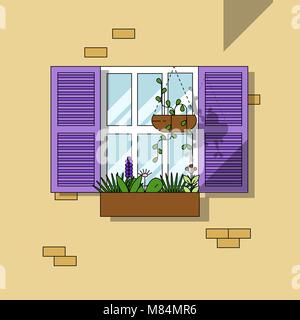Architectural element Window with shutters and flowers. Flat style vector illustration Stock Vector