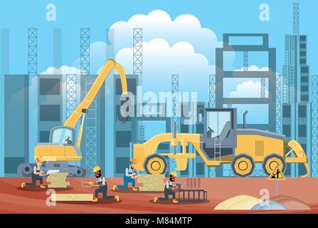 Under construction zone with builders working and construction trucks, colorful design vector illustration Stock Vector