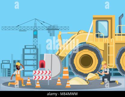 Under construction zone with builders and bulldozer truck over blue background, colorful design vector illustration Stock Vector