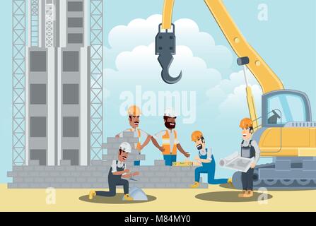 Under construction zone with builders and enginners working on bricks wall, colorful design vector illustration Stock Vector