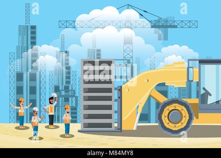 Under construction zone with builders and forklift truck, colorful design vector illustration Stock Vector