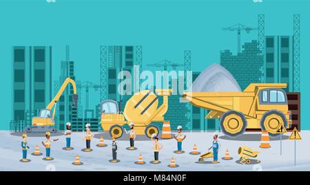 Under construction zone with builders and engineers and construction truck over blue background, colorful design vector illustration Stock Vector