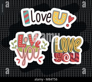Set of contemporary girlie Love You letter logo. A set of vector patches, logo and letter composition. Vector stickers kit. Stock Vector
