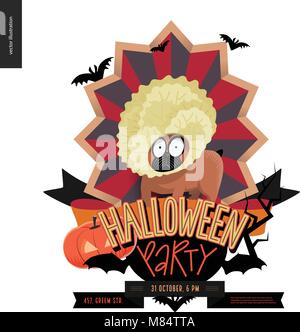 Halloween Party composed sign emblem invitation. Flat vectror cartoon illustrated design of a french bulldog in center of striped shield, bats, pumpki Stock Vector