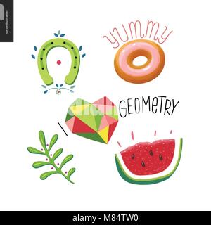 Patches, hand drawn vector stickers set. A set of five cartoon hand drawn elements. Doughnut with note Yummy, geometric heart with lettering I love Ge Stock Vector