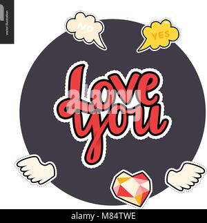 Love you patches lettering , hand drawn vector stickers set. A set of few cartoon hand drawn elements. Love you lettreing, wings, diamond heart, bubbl Stock Vector