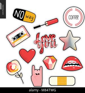 Set of contemporary girlish patches elements. A set of vector girls stuff like makeup, hearts, phrases, notes, stickers, stars, wings, tape, popsicle, Stock Vector