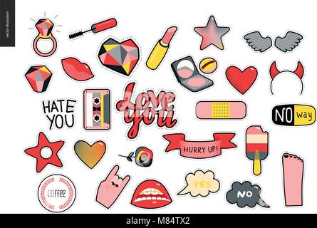 Set of contemporary girlish patches elements. A set of vector girls stuff like makeup, hearts, phrases, notes, stickers, stars, wings, tape, popsicle, Stock Vector