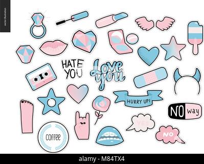 Set of contemporary girlish patches elements. A set of vector girls stuff like makeup, hearts, phrases, notes, stickers, stars, wings, tape, popsicle, Stock Vector