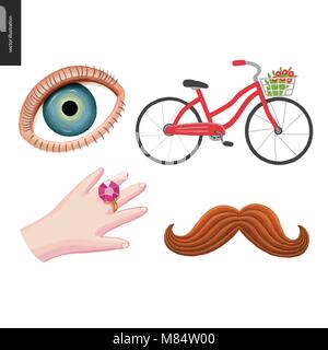Patches, hand drawn vector stickers set. A set of four cartoon hand drawn elements. An eye, a red bicycle with a basket of flowers, hand with a huge d Stock Vector