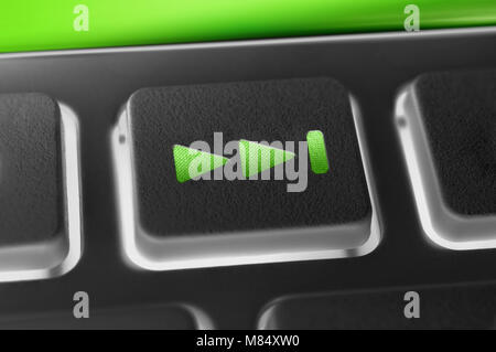 Macro Of A Black Skip Forward Button Of A Black Remote Control With Backlight Stock Photo