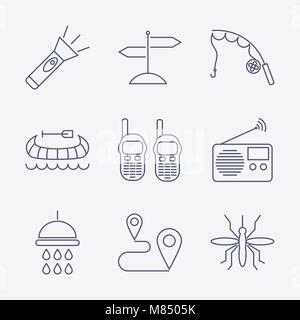 Set of Outline stroke Camping icons on white background. Vector illustration Stock Vector
