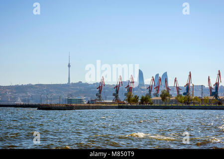Overview of Baku with flame towers and oil pumps, Azerbaijan Stock Photo