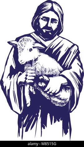Jesus Christ, Son of God, holding a lamb in his hands, symbol of Christianity hand drawn vector illustration Stock Vector