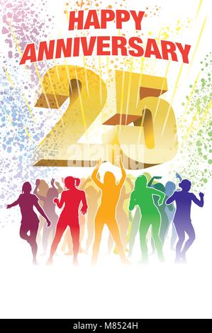 Colorful crowd of dancing people celebrating twenty-fifth anniversary Stock Vector
