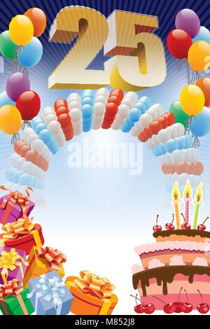 Twenty-fifth anniversary. Background with design elements and the birthday cake. The poster or invitation for twenty-fifth birthday or anniversary. Stock Vector
