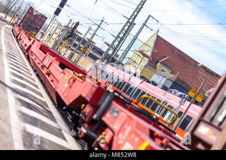 FUERTH / GERMANY - MARCH 11, 2018: a european freight train passes train station Fuerth in Germany Stock Photo