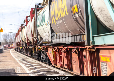 FUERTH / GERMANY - MARCH 11, 2018: a european freight train passes train station Fuerth in Germany Stock Photo