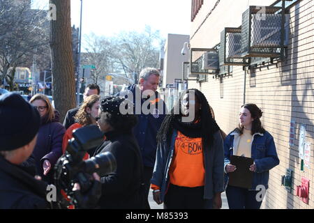 New York City, United States. 14th Mar, 2018. Observing a national day of protest and activist, the entire student body of Edward R Murrow High School walked out of class as 10:00 am in memory of the students killed in Stoneman Douglas High School last month by yet another deranged shooter. NYC Mayor Bill de Blasio was on hand to lend support and encouragement to the students, who observed a moment of silence before speakers called on lawmakers to enact more common sense gun control laws Credit: Andy Katz/Pacific Press/Alamy Live News Stock Photo