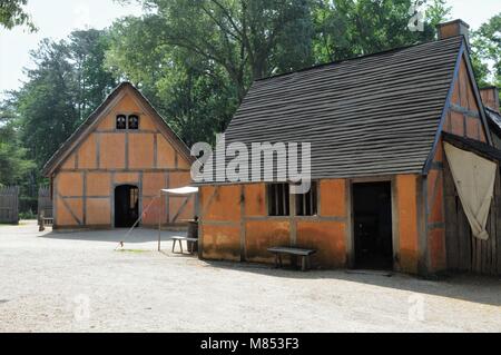 Home and Church at the Jamestown Settlement, Virginia Stock Photo