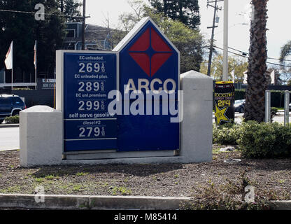 Arco gas station prices per gallon, self serve sign, California Stock Photo